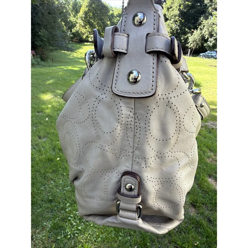 COACH Brooke Dove Gray Leather Perforated Signature Hobo Purse Boho